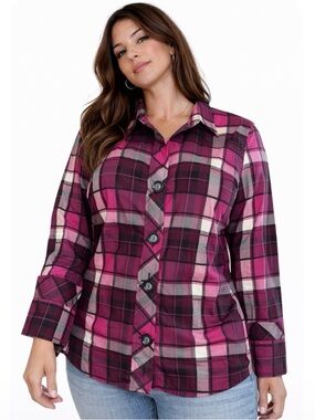 Pendleton Petite Flannel Wrinkle Free pink plaid wide sleeve button up pink/blk